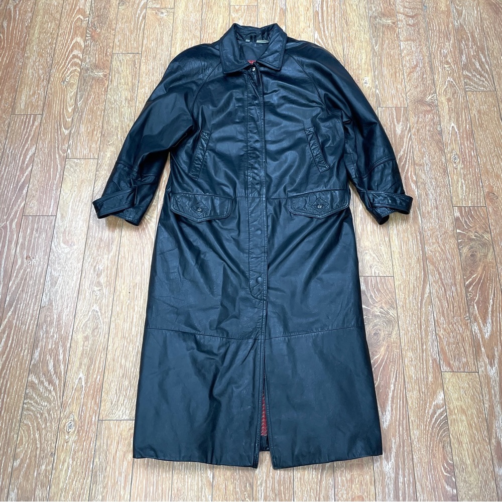 Vtg 80s Bagatelle Black Women's Long Leather Trench Coat - Western Style - Sz 8